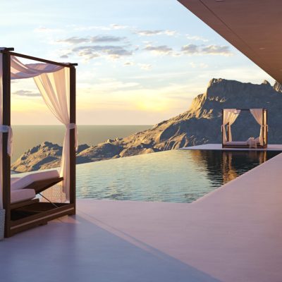 3d,Rendering.,Beautiful,Sunset,At,The,Infinity,Pool,With,A